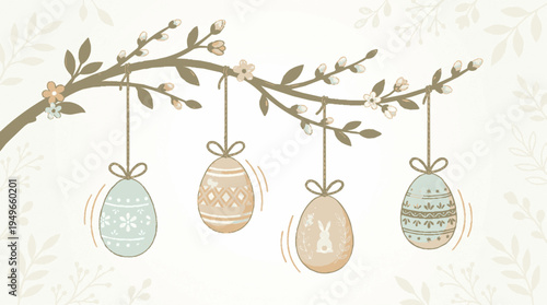 Decorative easter eggs in soft pastel patterns dangle from a stylized branch with blossoms spring themed illustration