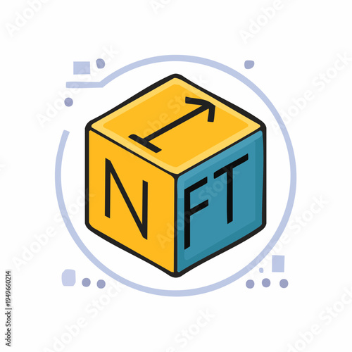 Illustrated NFT cube symbol with an arrow, representing digital asset creation and exchange