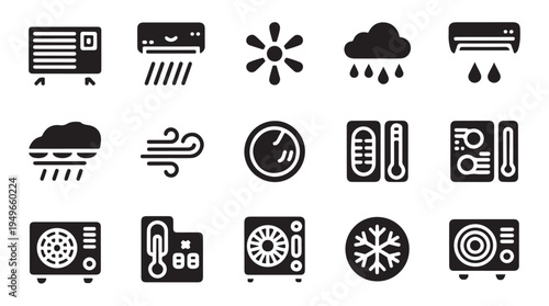 Hvac system icons and meteorological symbols for smart home device and climate monitor apps