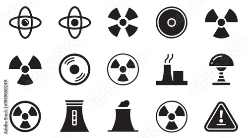 Set of radiation and atomic icons including atom symbols, warning signs, and nuclear facilities