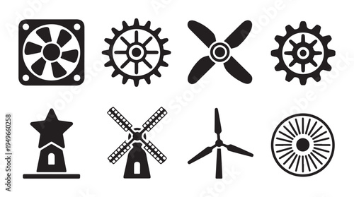 Mechanical propellers and windmill silhouettes for renewable energy and industrial engineering