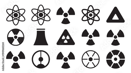 Comprehensive collection of atomic and radiation symbols including atom models and warning triangles