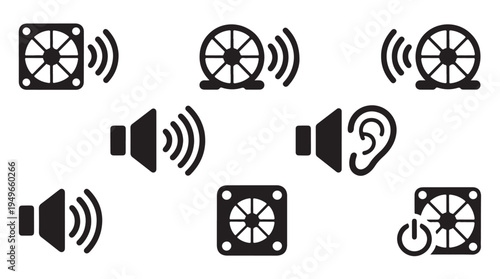 Sound and fan icons depicting noise generation, volume, and hearing with various fan types