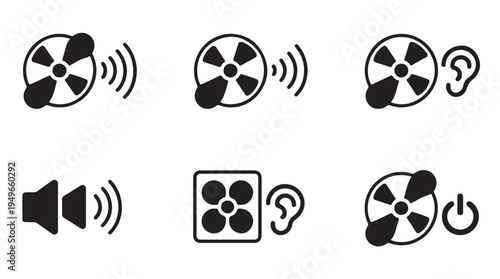 Collection of sound and fan icons illustrating noise, volume, hearing, and fan operation