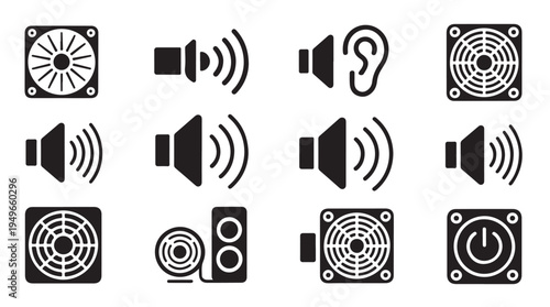 Set of computer cooling fans and sound icons for technology and audio related designs