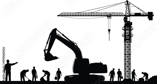 Construction site silhouette with tower crane excavator and workers operating heavy machinery industrial engineering teamwork infrastructure development building industry concept isolated background