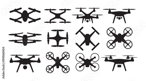 Drone quadcopter uav vector icon set for aerial photography and video shooting