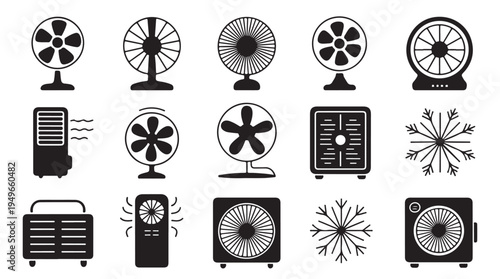 Various fan types and air cooling devices on white background