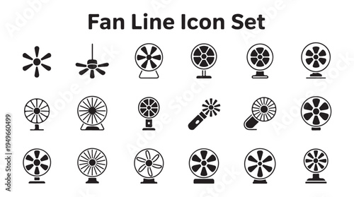 Fan line icon set for cooling and ventilation devices