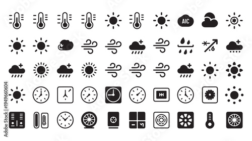 Digital weather dashboard icons with temperature clock wind speed and solar radiation symbols