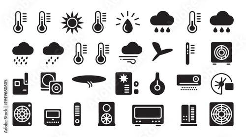 Temperature humidity air condition wind solar panel and ventilation icons set vector silhouette