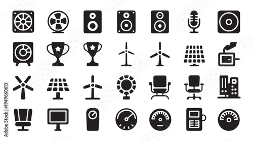 Industrial technology and renewable energy icon set vector silhouette illustration