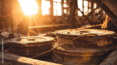 Abandoned factory machinery bathed in warm sunlight