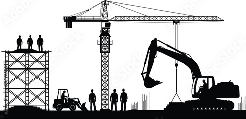 Construction site silhouette with tower crane excavator loader scaffolding and workers building concrete structure heavy machinery industrial engineering infrastructure development concept isolated