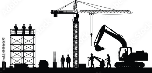 Construction site silhouette with tower crane excavator scaffolding and workers operating heavy machinery building concrete structure industrial engineering concept isolated background