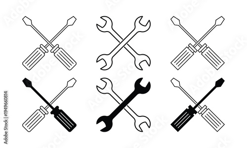 Wrench Screwdriver Crossed Style Variants Outline Filled Solid Black