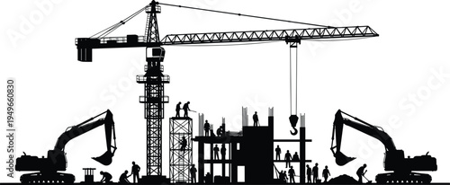 Construction site silhouette with tower crane excavators and workers building multi level concrete structure heavy machinery industrial engineering infrastructure development concept isolated