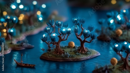 Miniature fantasy forest island with glowing blue trees