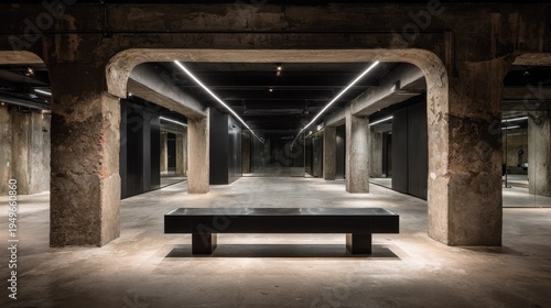 Minimalist concrete bench in a modern dimly lit architectural hallway