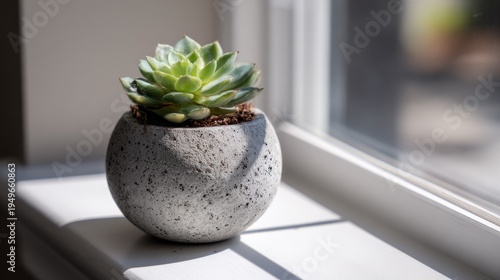 Small succulent plant in a concrete pot by the window
