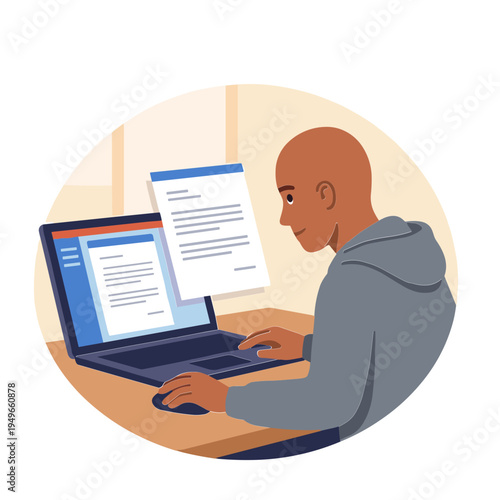 Man working on laptop with papers on desk in office