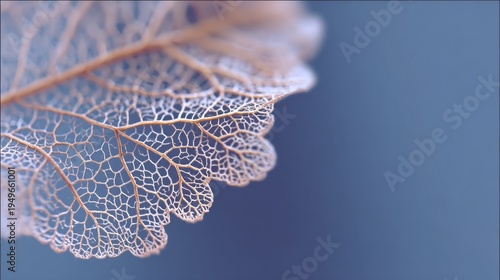 Intricate delicate veins of a dried leaf on blue background