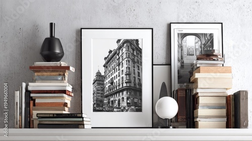 Framed black and white architectural print of an old building