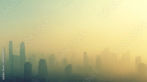 City skyline obscured by thick yellow smog at dawn