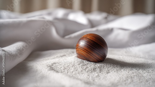 Smooth polished wooden sphere resting on soft textured surface