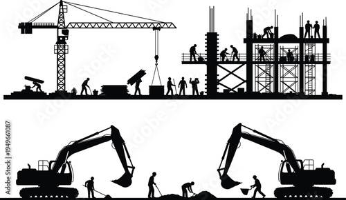 Construction site silhouettes with tower crane scaffolding workers and excavators digging soil heavy machinery industrial engineering infrastructure development building concept isolated background