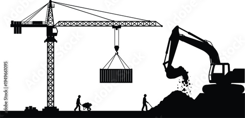 Construction site silhouettes with tower crane lifting container excavator digging soil and workers illustrating heavy machinery civil engineering infrastructure