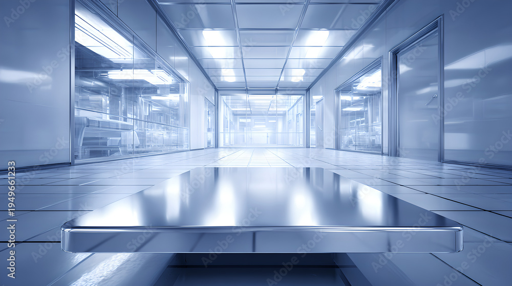 Obraz premium Sterile medical facility hallway with reflective floors and glass laboratory wall partitions 