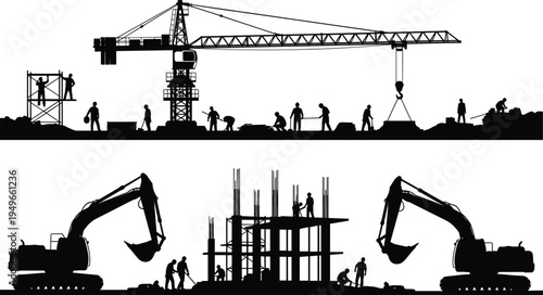 Construction site silhouettes with tower crane scaffolding workers and excavators building reinforced concrete structure heavy machinery industrial engineering infrastructure 