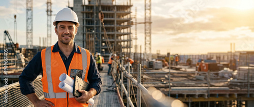 Professional construction engineer holding blueprints at sunrise site