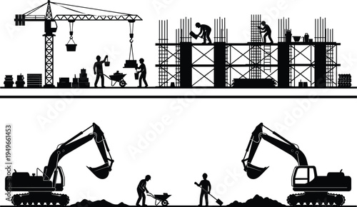 WebConstruction site silhouettes with tower crane scaffolding workers excavators and manual labor building infrastructure heavy machinery industrial engineering development concept isolated