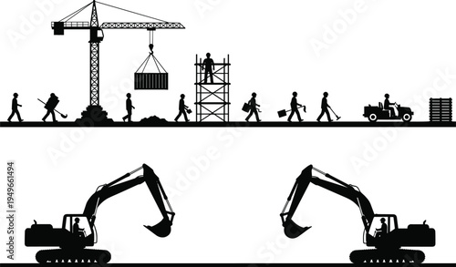 Construction site silhouettes with tower crane scaffolding workers walking excavators operating heavy machinery and material transport industrial engineering infrastructure 