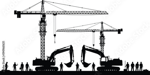 Construction site silhouettes with tower cranes excavators and workers illustrating heavy machinery teamwork civil engineering infrastructure development industrial building site activity concept