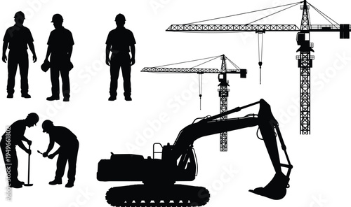 Construction worker and machinery silhouettes with tower cranes excavator and builders using tools industrial engineering building industry concept isolated background