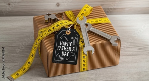 Happy father's day gift box with tools and measuring tape with thank you