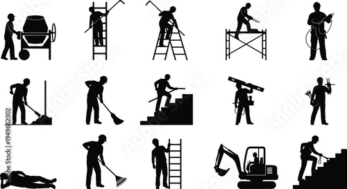 Construction worker silhouettes collection with ladder scaffolding cement mixer excavator and manual labor tools building maintenance and industrial workforce concept isolated background