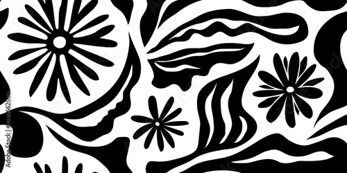 Decorative floral leaf and flowers seamless pattern, hand outline drawing, isolated on white background, vector design