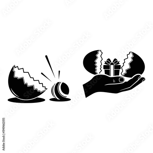 Easter egg hunt with a surprise gift inside a cracked egg held by a hand Vector, illustration
