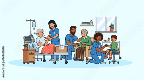 Medical Team Supporting Elderly Patient Recovery in Hospital Healthcare and Nursing Care