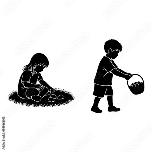 Children collecting eggs in a grassy field together Vector, illustration