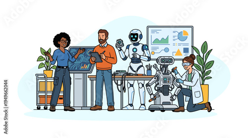 Robotics Engineers Developing Humanoid Robots and Automation Technology in Modern Laboratory