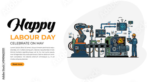 Happy Labor Day Banner with Industrial Machinery Factory Workers and Manufacturing Industry