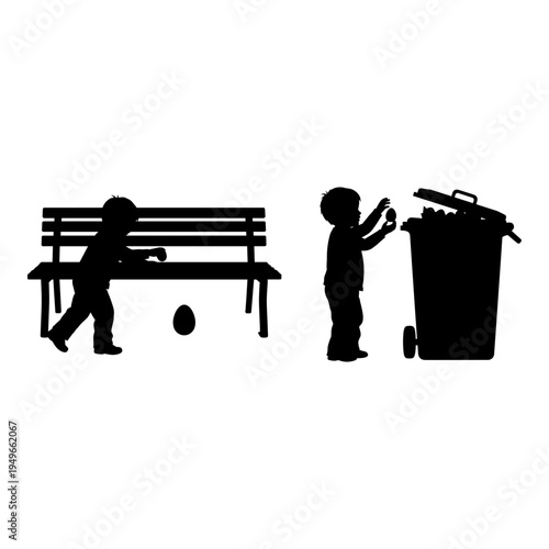 Two children demonstrating contrasting behaviors with a bench and trash can Vector, illustration