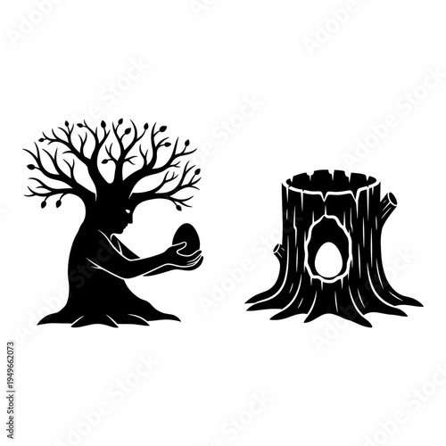 Anthropomorphic tree and a hollow stump illustration Vector, illustration