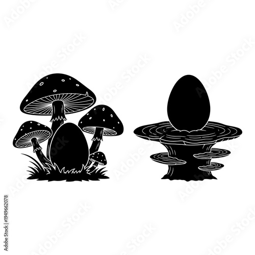 Mushrooms with eggs resembling fairy tale or whimsical forest scene elements Vector, illustration