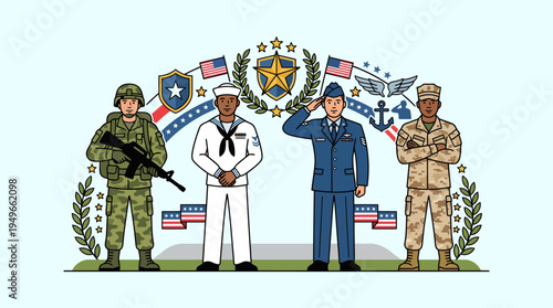 Military Service Members Representing Army Navy Air Force and National Defense Forces